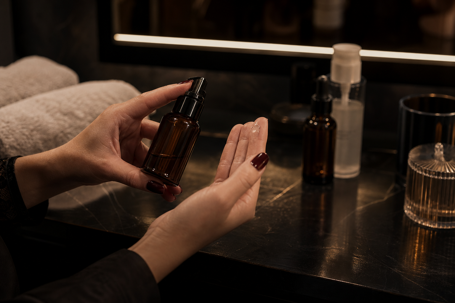 Produto cosmético aplicado nas mãos em bancada escura